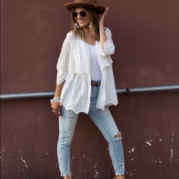 Tops - White Eyelet Kimono Cardigan